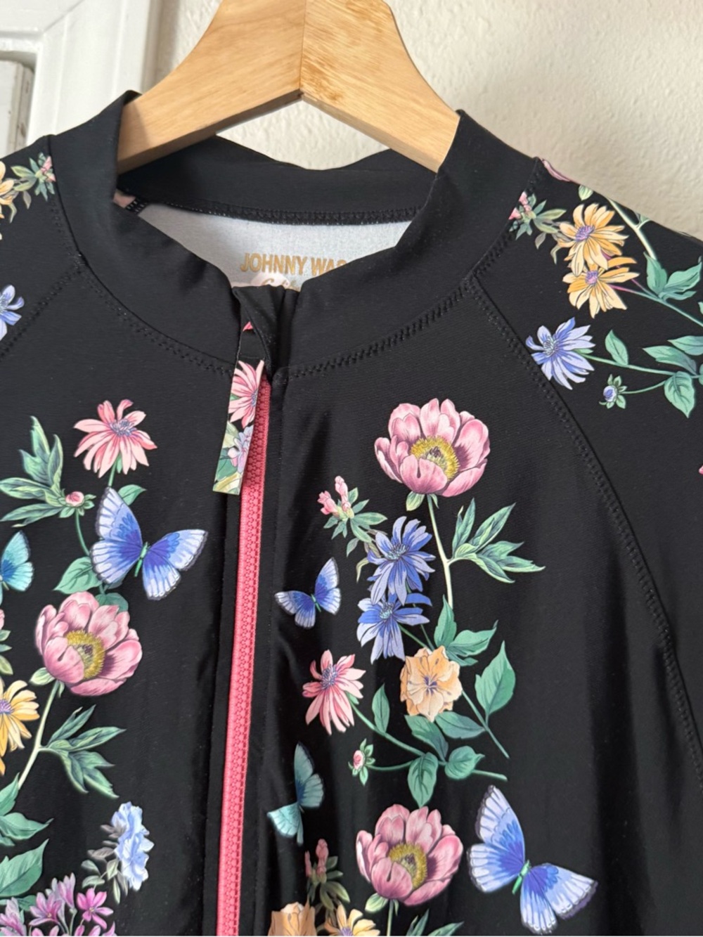 JOHNNY WAS black‎ floral butterfly nylon half zip swim athletic jacket shirt - Picture 4 of 8